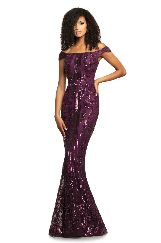 Johnathan Kayne 2064 Size 14 Plum Fitted Sequin Off Shoulder Prom Dress Pageant Gown Sexy Sequined Dress