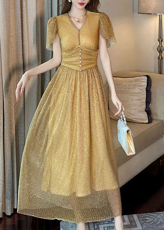 Fitted Gold V Neck Wrinkled Patchwork Sequins Tulle Vacation Long Dresses Summer Flirty Sequin Dress