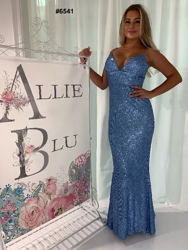 Allie Blu 6541 Size 0 Baby Blue Fitted Sequins Prom Dress with Train Sleek Sequin Dress