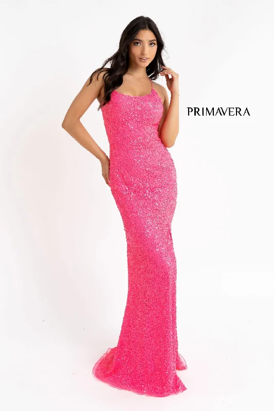 Primavera Couture 3290 Size 00 Hot Pink Prom Dress Long Sequins V neckline Sequin Party Dress