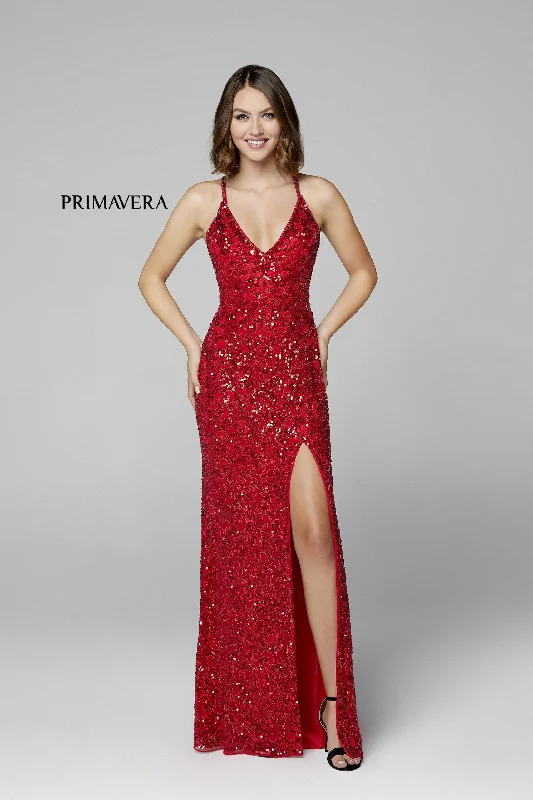 Primavera Couture 3295 Red Size 10 Prom Dress V Neckline Sequins Backless Slit Formal Evening Gown Sequin Dress Trendy