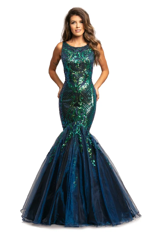 Johnathan Kayne 2018 Size 0 Navy/Multi Sequin Mermaid Iridescent Prom Dress Pageant Gown High Neck Plus Size Sequin