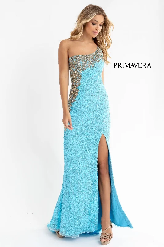 Primavera Couture 3637 Fitted Sequin One Shoulder Prom Dress with Slit size 8 Turquoise Pageant Formal Pink Sequin Gown