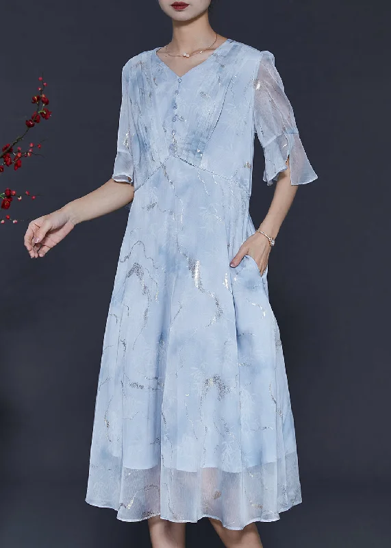 Unique Sky Blue Sequins Wrinkled Jacquard Chiffon Dress Summer Sequin Dress Casual