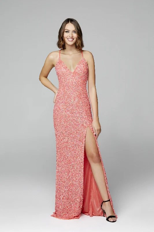 Primavera Couture 3291 Size 2, 6 Coral Prom Dress V Neckline Backless Sequins Slit Sequin Dress Appeal