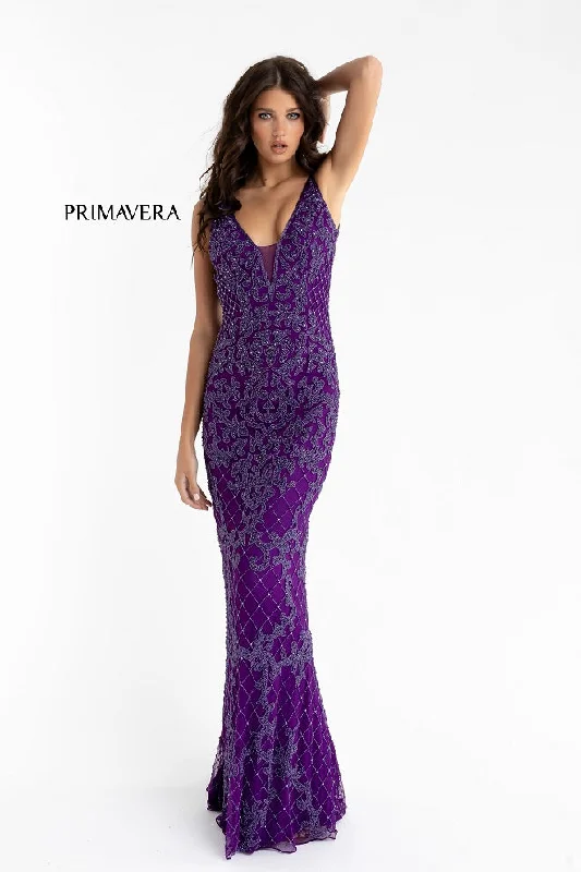 Primavera Couture 3433 Size 12 Purple Long v neckline sequin prom dress embellished straight skirt Lush Sequin Dress