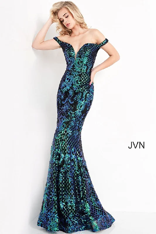 Jovani JVN04515 Black/ Multi Long Fitted Sequin Prom Dress off the shoulder Mermaid Pageant Size 0, 14 Sequin Dress Fit