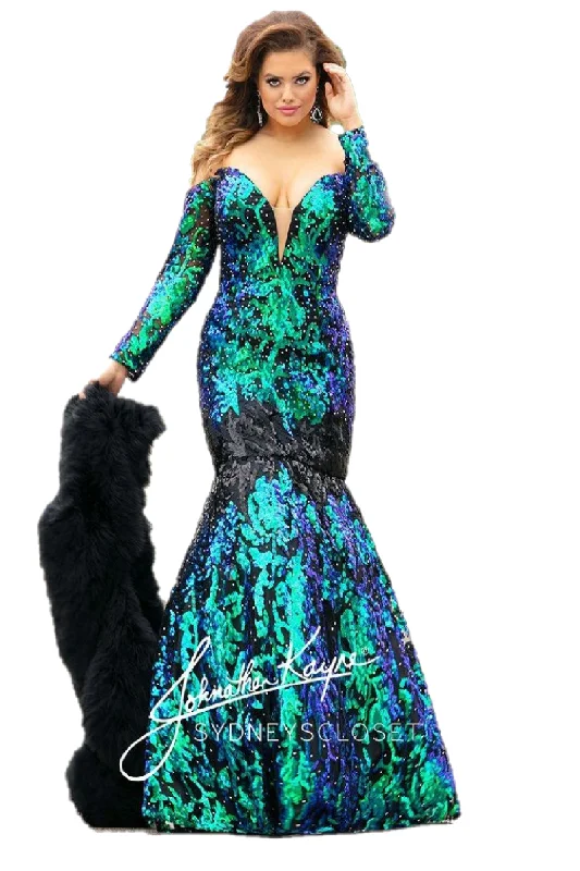 Johnathan Kayne Sydney's Closet JK2010 Size 18 sequin prom dress Long Sleeve mermaid Black Sequin Gown