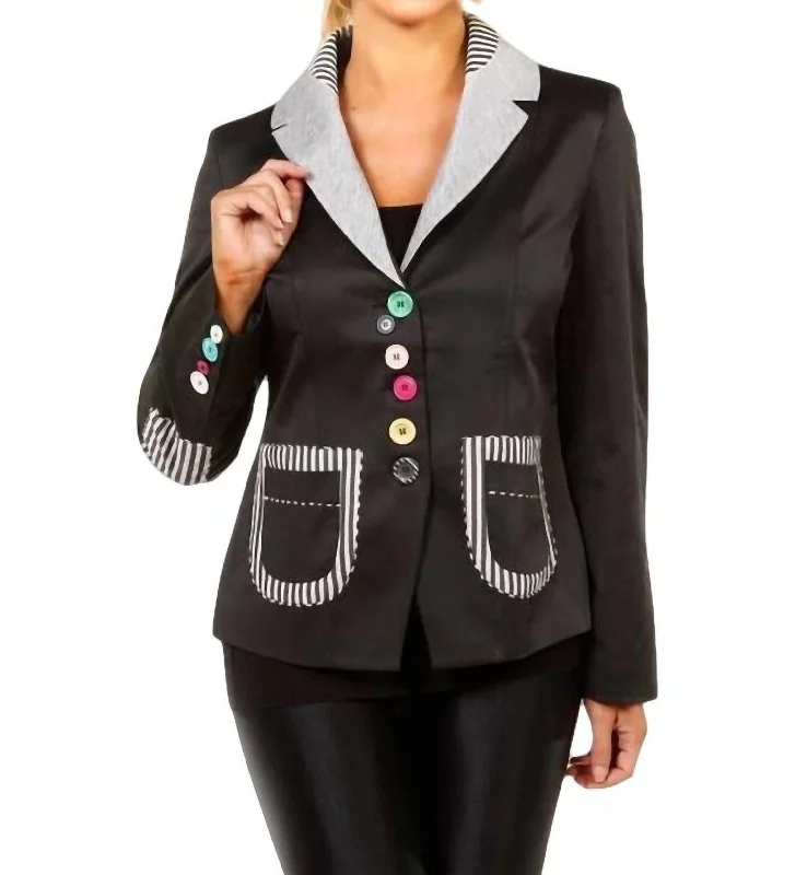 Mixed Media Button Blazer In Black/gray Stylish Women’s Blazer