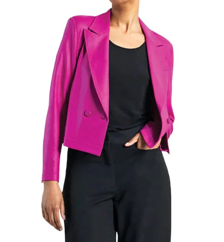 Liquid Leather Cropped Tuxedo Blazer In Magenta Double-breasted Blazer Jacket