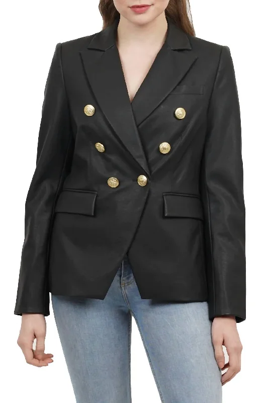 Nellie Faux Leather Double Breasted Jacket In Black Slim Cut Blazer