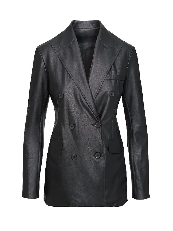 Faux Leather Double - Breasted Blazer Flt200 In Black Casual Blazer Look