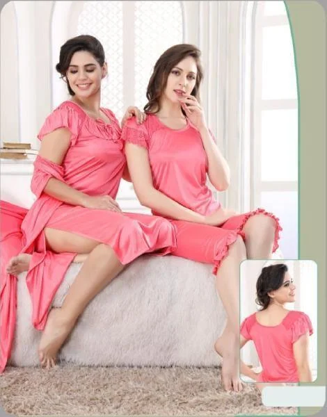 Polyester pajama setsIndian Bridal 4Pc Stylish Gown Nighty Set Polyester pajama sets