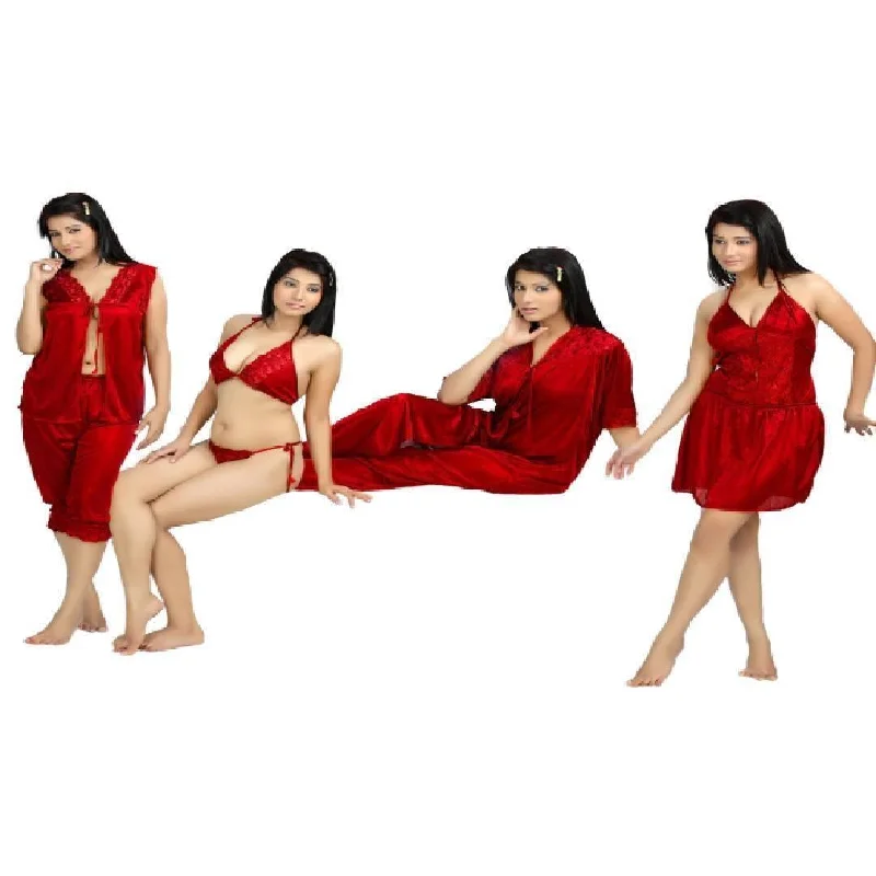 Travel pajama setsRed Color Bridal 6Pc Stylish Gown Nighty Set | Bridal Nightwear Dress Complete set Travel pajama sets