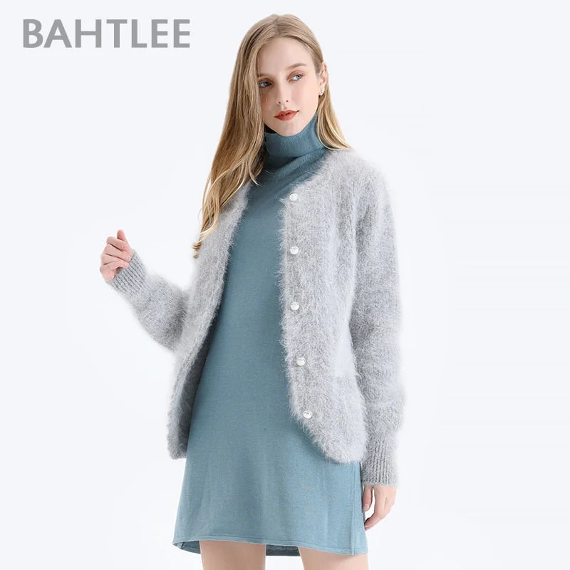 Cheap sweatersBAHTLEE Women Angora Short Cardigans Sweater Autumn Winter Wool Knitted Coat Jumper Long Sleeves O-Neck Pearl buckle Cheap sweaters