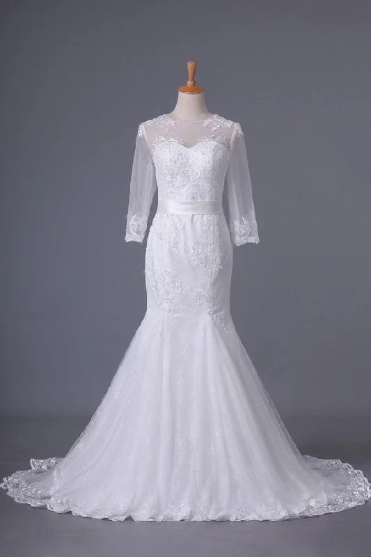 Non-traditional wedding dresses2024 Scoop 3/4 Length Sleeve Mermaid Wedding Dress Tulle With Sash PEMET5DP Beautiful Bridal Gown