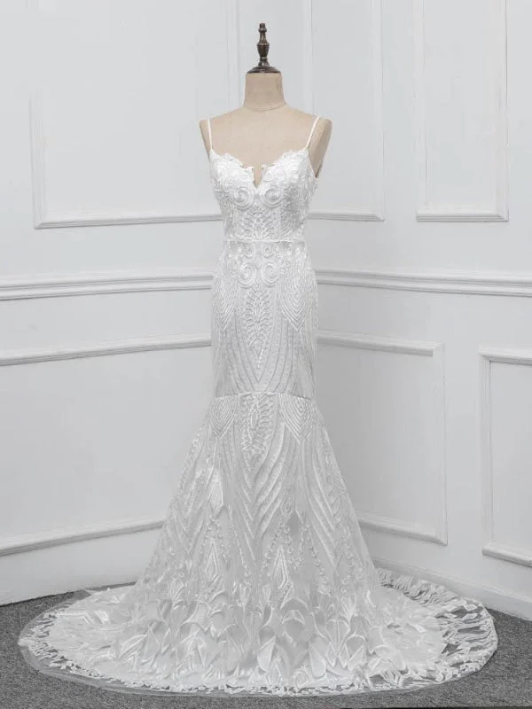 Maggie Sottero wedding dressesElegant Spaghetti-Strap Backless Mermaid Wedding Dresses Modern Lace Gown