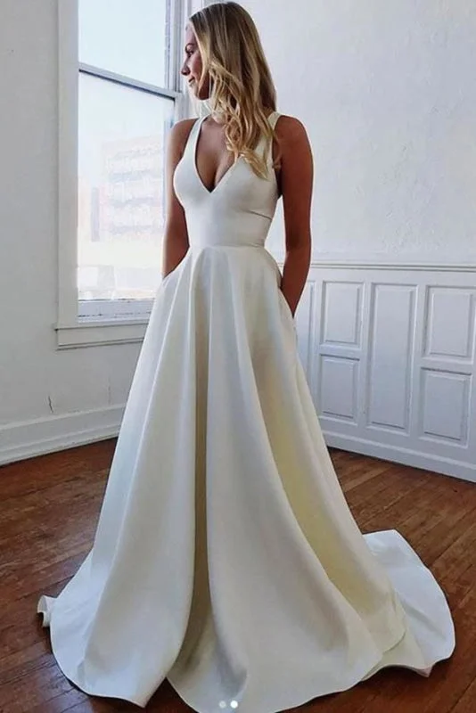 Halter wedding dressesWhite Simple V-neck A-Line Wedding Dress with Bows A-line Wedding Gown