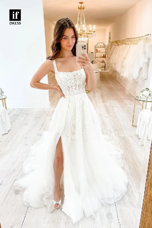 High-end wedding dresses31639 - Generous Double Straps Square Lace Appliques Boho Wedding Dress Floral Bridal Gown