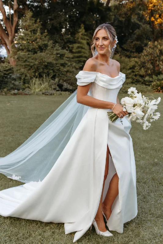 Oscar de la Renta wedding dressesUnique Off the Shoulder Side Slit Satin Wedding Dress with Court Train QW2561 Illusion Neckline Gown