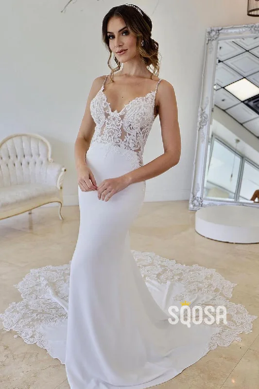 Long sleeve wedding dressesSpaghetti Straps V-Neck Lace Appliques Bohemian Wedding Dress QW2630 Wedding Gown Set