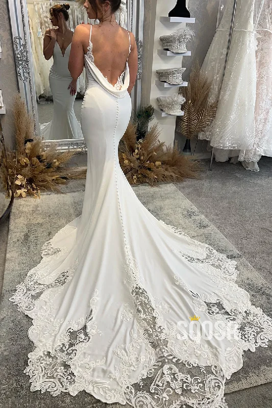 Sheath wedding dressesPlunging V-Neck Lace Appliques Mermaid Wedding Dress QW2647 Strapless Wedding Gown