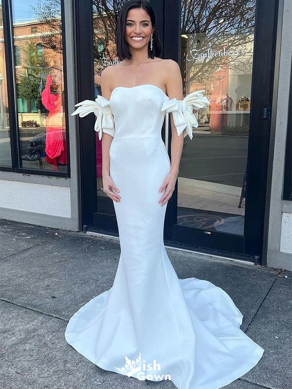 Plus size wedding dressesElegant Mermaid Sweetheart Off Shoulder With Train Popular Bridal Long Wedding Dresses, WDH113 Sexy Satin Gown