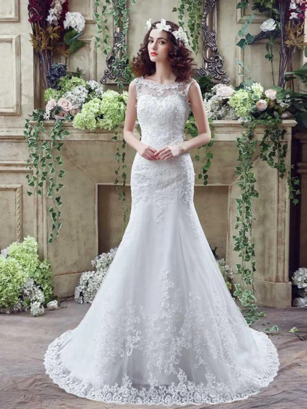 Chic wedding dressesElegant Beaded Tulle Mermaid Wedding Dresses Floral Wedding Gown