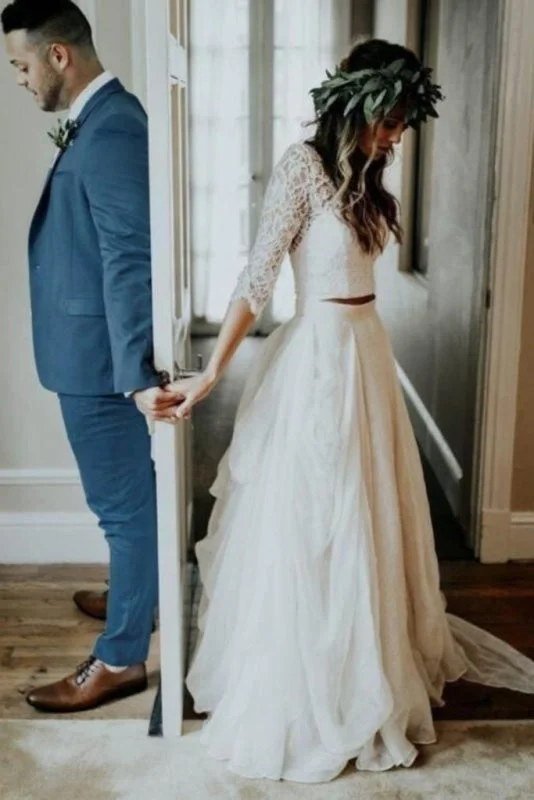 Wedding dresses under $500Ivory Chiffon Rustic Cheap 3/4 Sleeves Two Piece Wedding Dress Mermaid Lace Gown