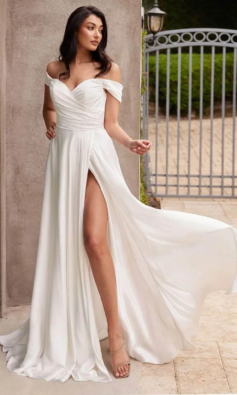 Traditional wedding dressesLadivine 7493W - Gathered Off Shoulder Bridal Dress Modern Bridal Gown