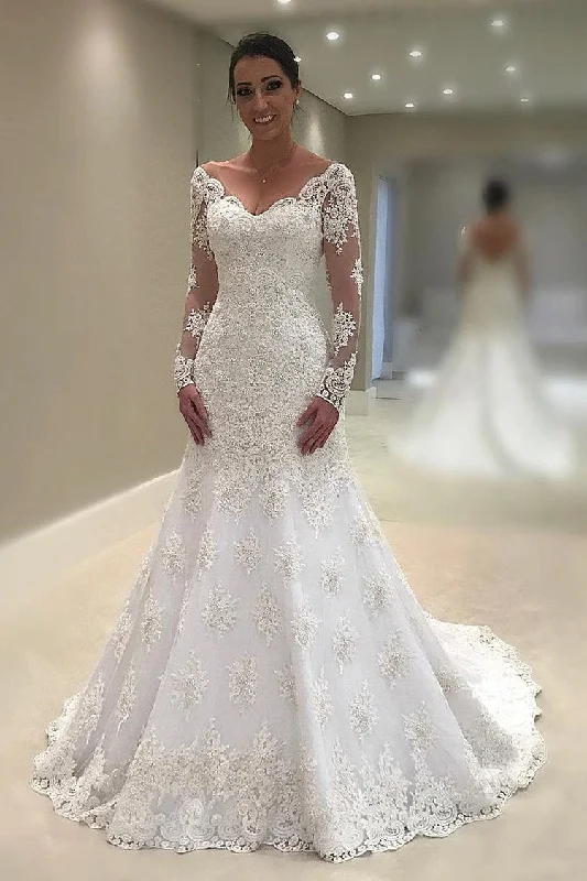 Pronovias wedding dressesNew Style Mermaid Wedding Dress V Neck Long Sleeve Tulle With Applique and Beads N1380 Formal Wedding Dress