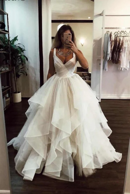 Best wedding dresses for modern bridesPuffy Straps Long Beach Unique Cascading Ruffles Wedding Dress Chic Bridal Gown