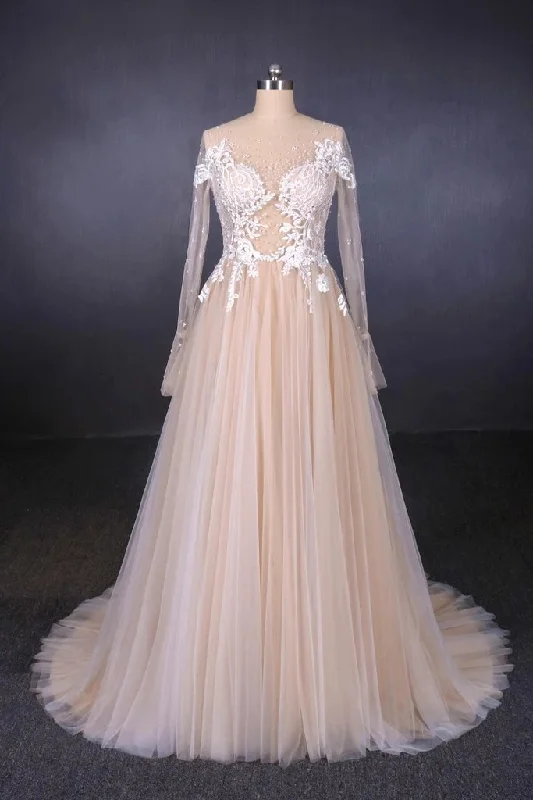 Chiffon wedding dressesSexy Sheer Neck Long Sleeves Tulle Wedding Dress, Charming Tulle Bridal Dress With Lace N2307 Boho Wedding Gown