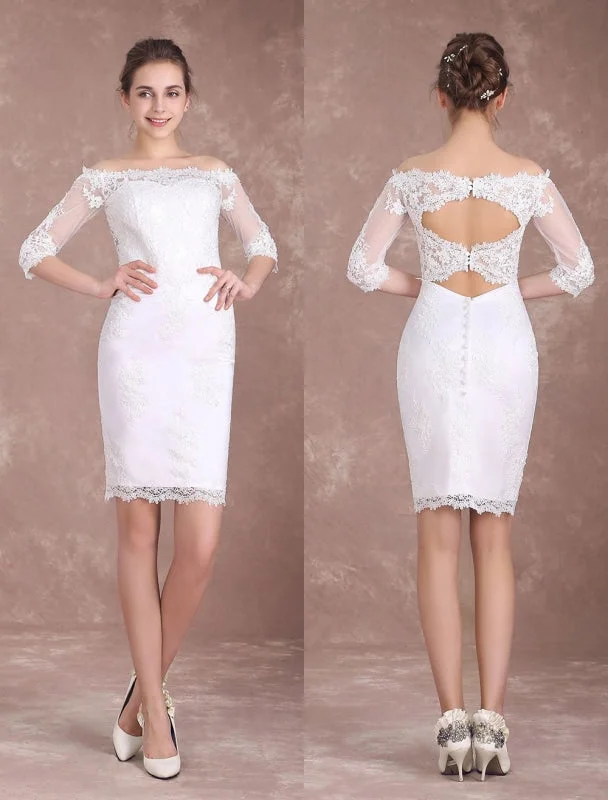 Sexy wedding dressesShort Wedding Dresses Sheath Lace Bridal Dress Ivory Off The Shoulder Half Sleeve Illusion Knee Length Column Wedding Reception Dress Exclusive A-line Bridal Dress