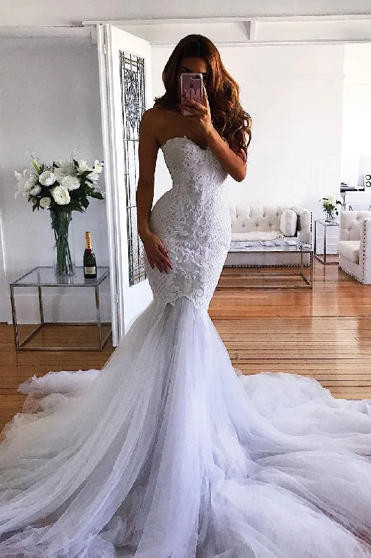 Chiffon wedding dressesWhite Mermaid Sweetheart Sweep Train Tulle Lace Appliqued Wedding Dress N1435 Boho Wedding Gown