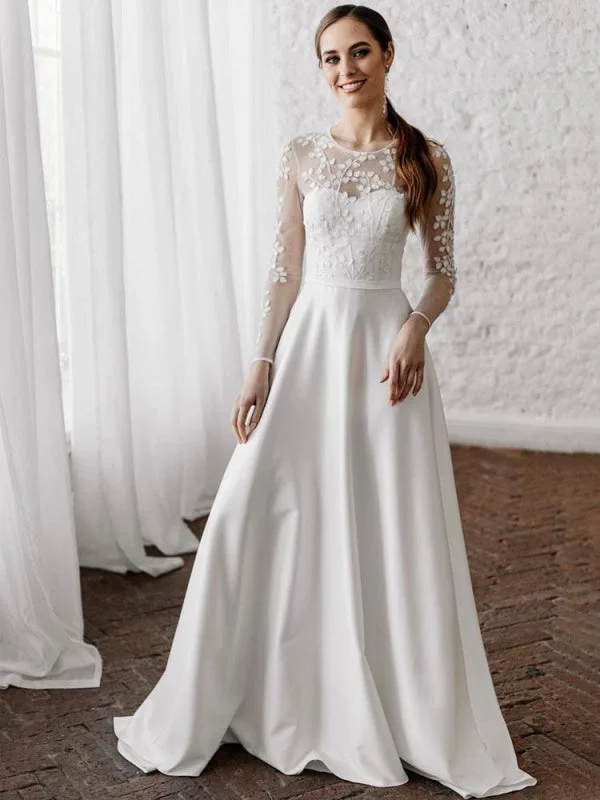 Trending wedding dresses 2024White Simple Wedding Dress A-Line Illusion Neckline Long Sleeves Pearls Trainsatin Fabric Lace Bridal Gowns Strapless Lace Dress