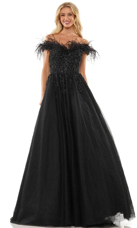 Petite party dressesColors Dress 2992 - Feather Accented Off Shoulder Ballgown Plus size party dresses