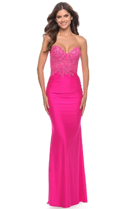 Smocked party dressesLa Femme 30696 - Embroidered Lace Strapless Gown Wrap party dresses