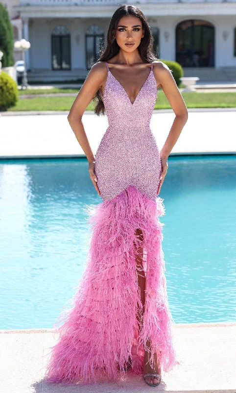 Winter party dressesPortia and Scarlett PS23339 - V-Neck Feathered Trumpet Prom Gown Summer party dresses