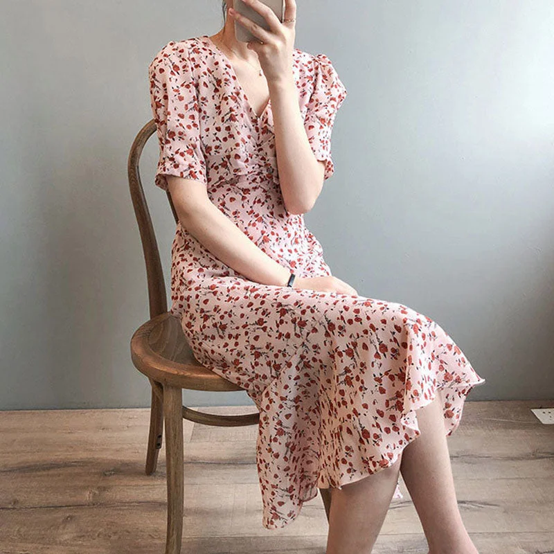 Women's floral dressesElegant V-Neck A-Line Long Casual Chiffon Floral Print Dress Women's floral dresses