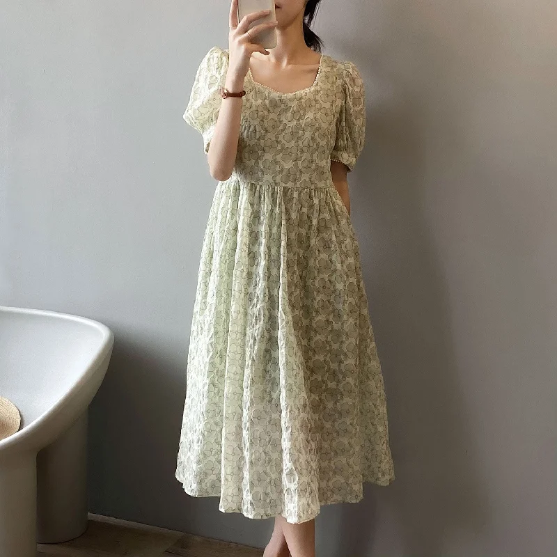 Tulle floral dressesSummer Women Elegant Sweet A-Line Long Casual Floral Print Lace-up Dress Tulle floral dresses