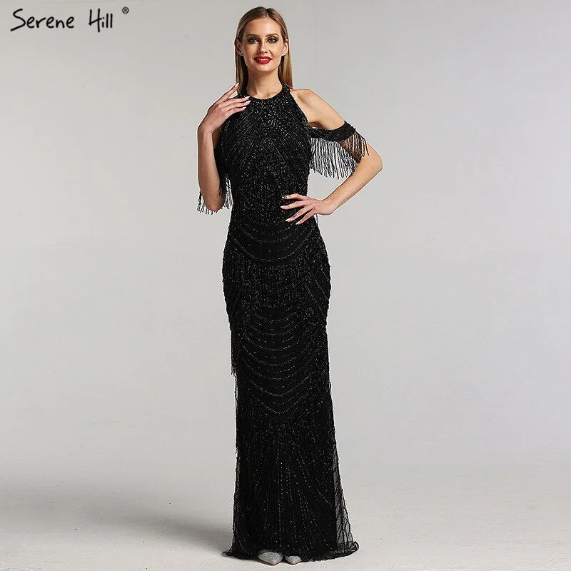 Holiday unclassified dressesBlack Halter Backless Sexy Luxury Evening Dresses 2024 Tassel Beading Sleeveless Mermaid  Formal Dress LA6229 Holiday unclassified dresses