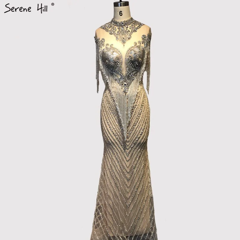 Designer unclassified dressesDubai Beading Tassel Luxury Sexy Evening Dresses 2023 Silver Sleeveless High-end Evening Gowns Serene Hill LA60811 Designer unclassified dresses