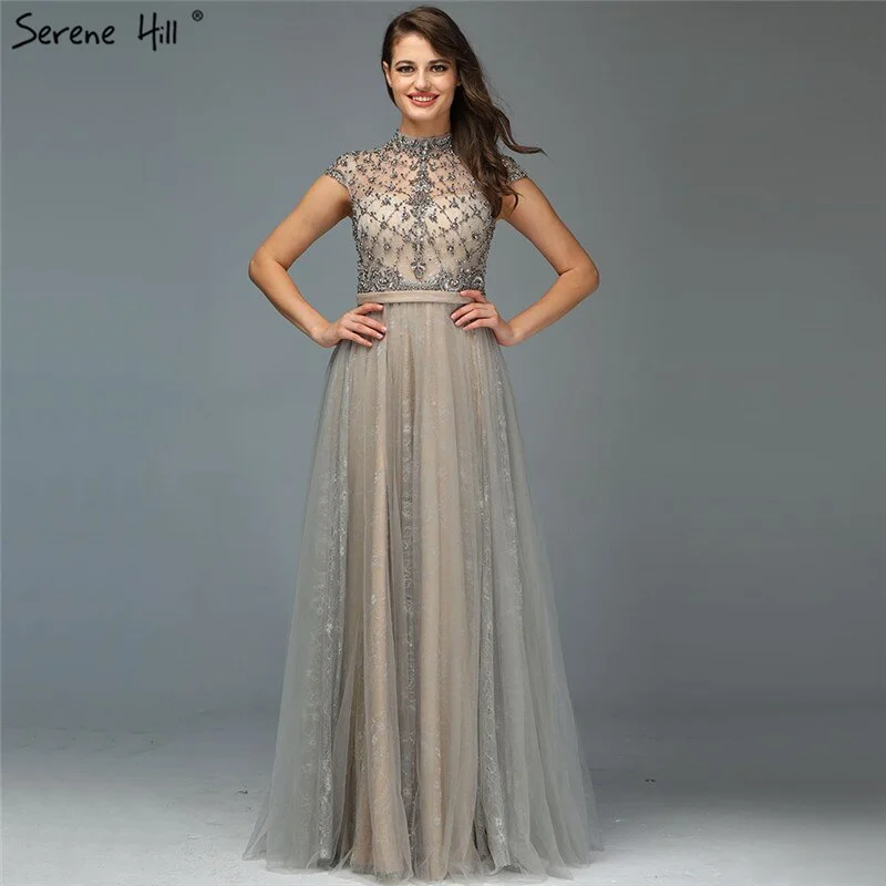 Engagement unclassified dressesDubai Grey High-end O-Neck Sexy Evening Dresses 2024 Sleeveless A-Line Diamond Beading Formal Dress Real Photo LA70142 Engagement unclassified dresses