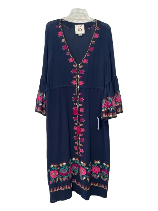 Luxury unclassified dressesFigue Size M Navy Blue, Pink, Multi Cotton Embroidered Flowers V Neck Dress Luxury unclassified dresses