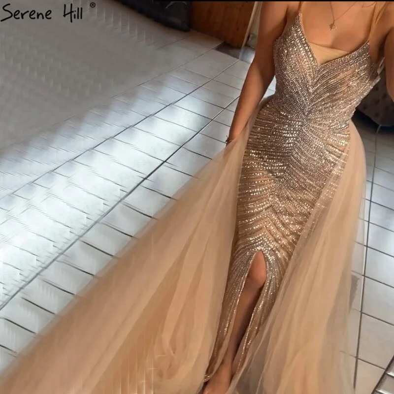 Metallic unclassified dressesGold Backless Mermaid Sexy Evening Dresses 2024 Dubai Crystal Beading Luxury Formal Dress Design Serene Hill LA70165 Metallic unclassified dresses