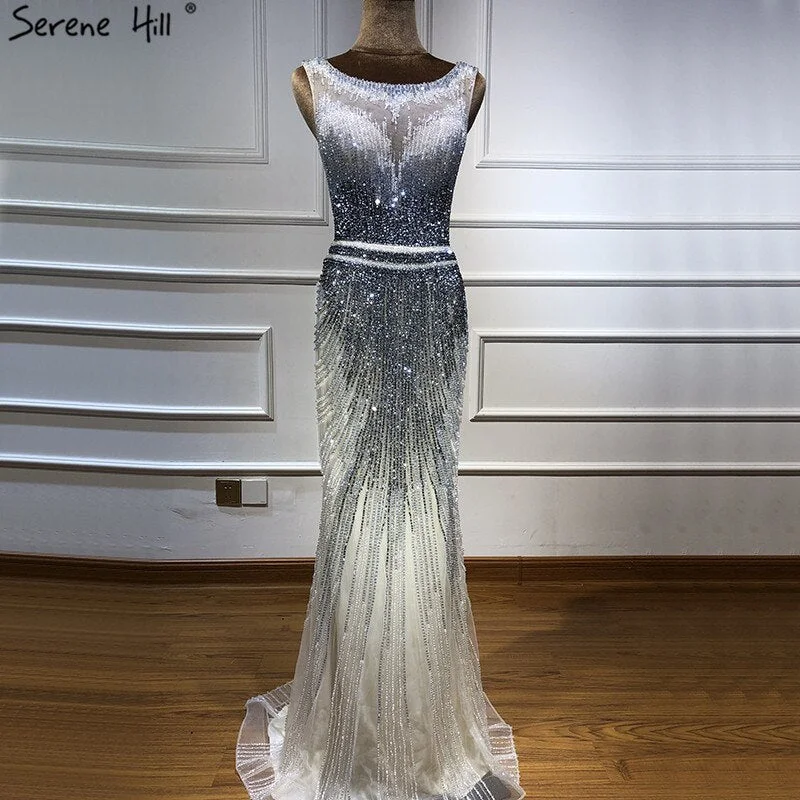 Knitted unclassified dressesOn Sale no return no refundSale Grey New Beading Crystal Luxury Evening Dresses 2024 High-end Mermaid Sleeveless Sexy Formal Evening Gowns Serene Hill LA6573 Knitted unclassified dresses