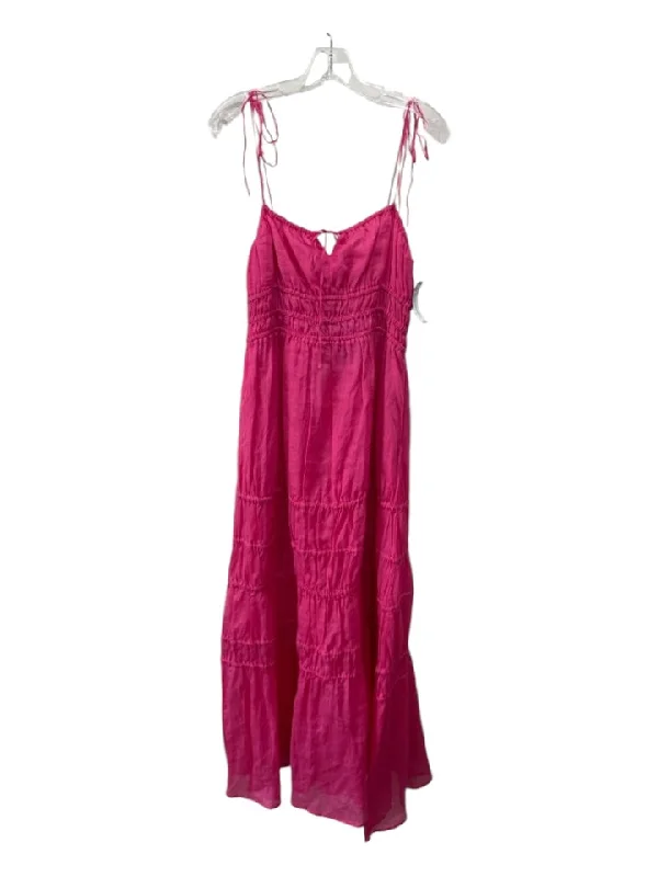 Casual chic unclassified dressesNicholas Size 10 Fuchsia Ramie Spaghetti Strap Front Tie Back Zip Tiered Dress Casual chic unclassified dresses