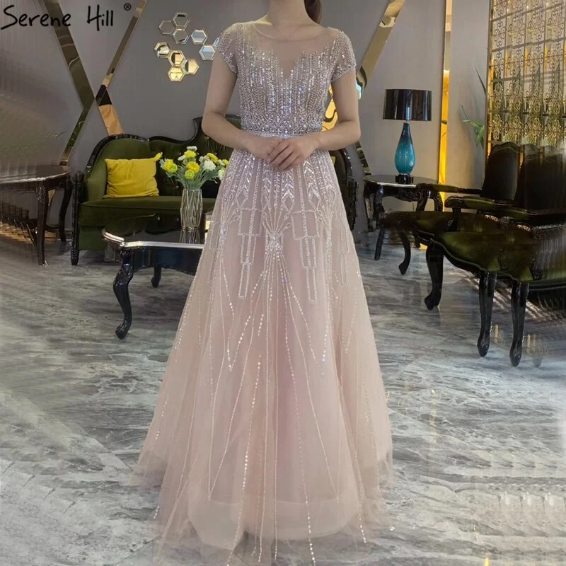 Sleeveless unclassified dressesPink A-Line Luxury Beading Sparkle Evening Dresses 2024 Dubai O-Neck Cap Sleeves Formal Dress Serene Hill LA70580 Sleeveless unclassified dresses