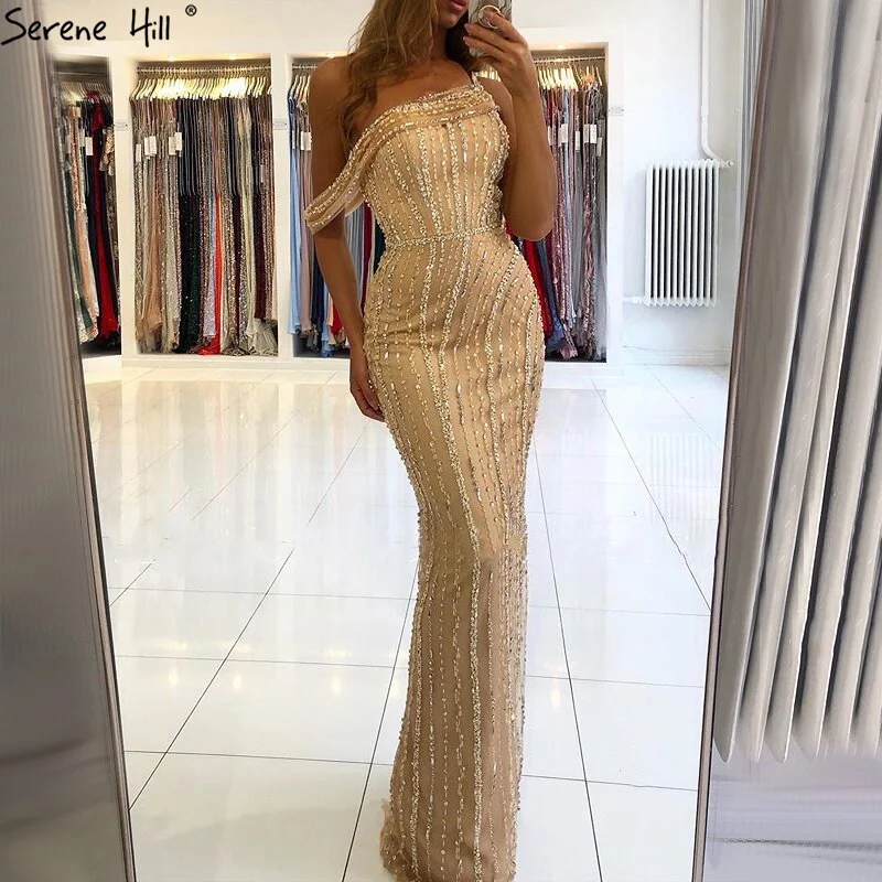 Smocked unclassified dressesSerene Hill Gold Mermaid Sexy Evening Dresses Dubai One Shouder Luxury Beading Sparkle Formal Dress LA70723 Smocked unclassified dresses